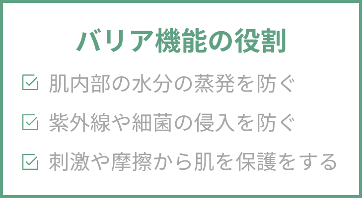 “バリア機能の役割”
1.肌内部の水分の蒸発を防ぐ
2.紫外線や細菌の侵入を防ぐ
3.刺激や摩擦から肌を保護をする