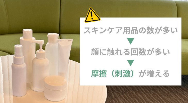 スキンケア用品の数が多いと、顔に触れる回数が多くなる。つまり、摩擦（刺激）が増える。したがって、スキンケア用品の数は最小限にした、シンプルなケアが良い。