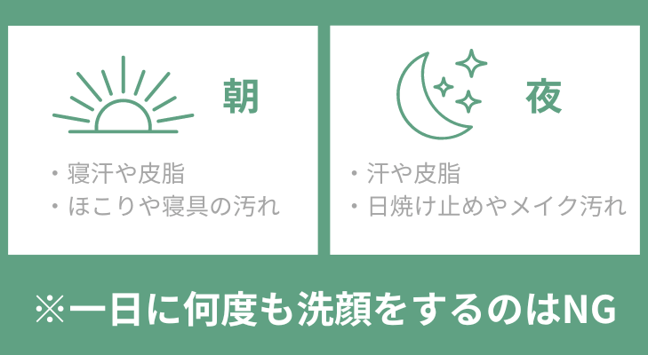 洗顔は1日2回までにしよう（朝：寝汗や皮脂、ほこり、寝具の汚れを落とす）（夜：1日の汗や皮脂、日焼け止めなどのメイク汚れを落とす）